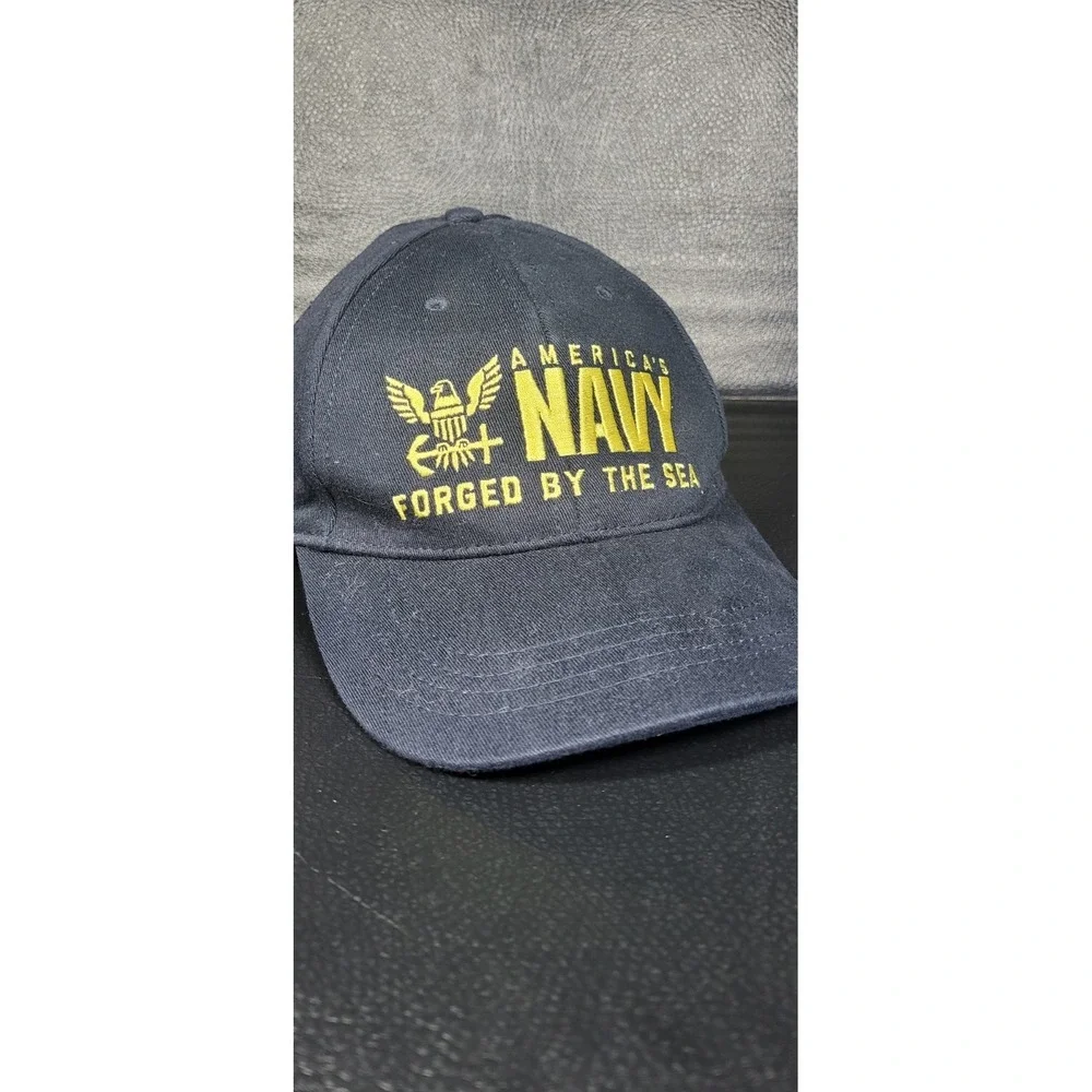America's Navy Hat Forged by the Sea Cap Vtg Blue Strap Back USA Made